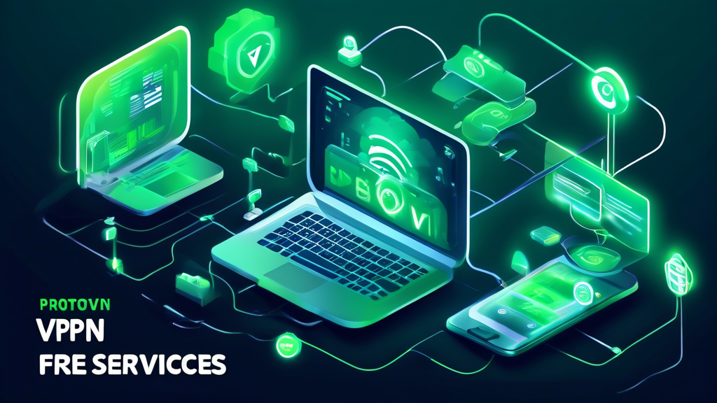 Create an image depicting a vibrant digital landscape with various floating devices like laptops, smartphones, and tablets connected through secure green glowing pathways symbolizing free VPN services. Icons of popular free VPN services from 2023 such as ProtonVPN, Windscribe, and TunnelBear should be visible. Include a prominent banner in the background that reads 'Best Free VPN Services of 2023' in bold, modern font.