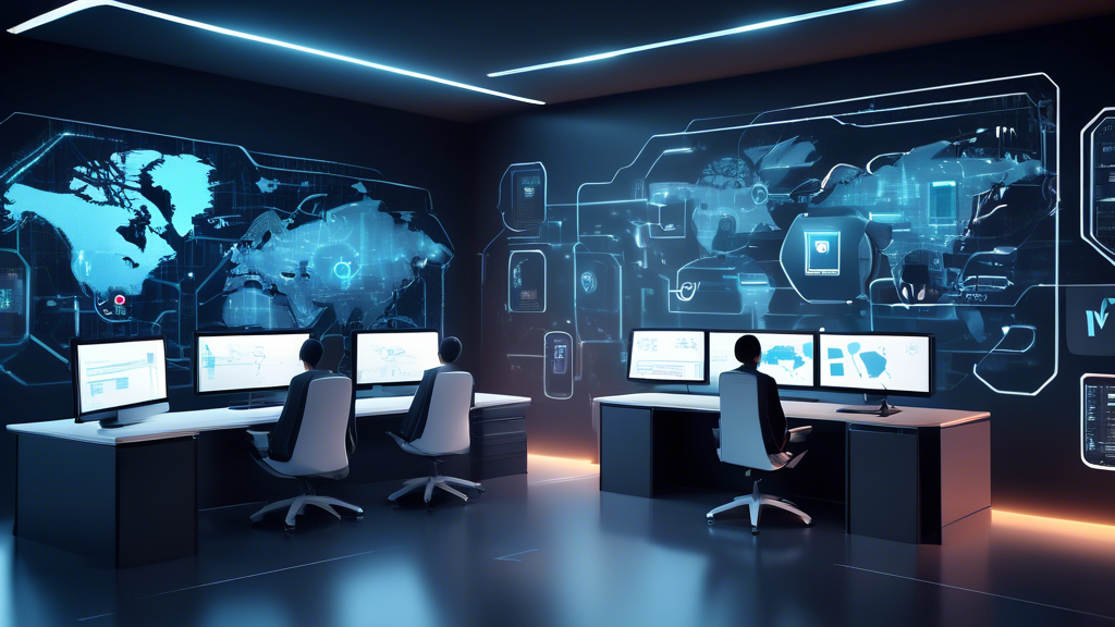 Create an image that showcases a futuristic, high-tech office environment with multiple computer screens displaying secure VPN connections. The screens should show maps with encrypted data routes, and digital padlocks symbolizing enhanced security. Additionally, include icons or logos representing Top Picks for 2023 and elements that suggest high-speed internet, such as speedometer graphics and futuristic data streams. The overall atmosphere should convey privacy, protection, and cutting-edge technology.