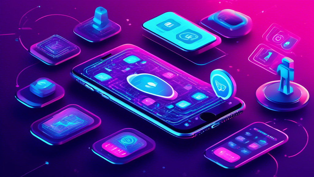 Create a vibrant digital illustration of an iPhone displaying a VPN app interface, surrounded by icons representing security, privacy, and global connectivity. The background should hint at futuristic technology with subtle 2023 elements.