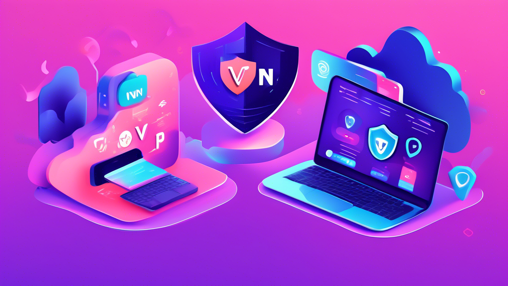 Generate an image showcasing the top VPN services of 2022. Include logos of popular VPN providers like NordVPN, ExpressVPN, and CyberGhost. The background should feature a cutting-edge digital landscape with secure network connections and encrypted data symbols. Depict a sense of online privacy and security with a modern, tech-savvy aesthetic.