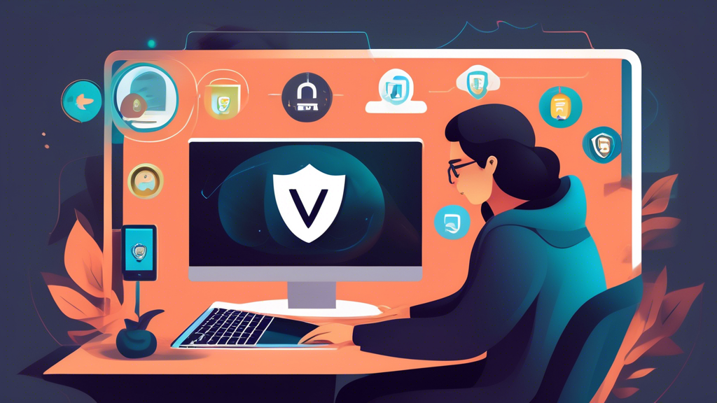 Create an image that portrays a person using a laptop in a cozy, modern home environment with a protected shield symbol around the entire scene. The laptop screen displays various icons representing secure internet browsing, VPN features, and online privacy. Include subtle visuals of IPVanish branding on the screen and around the image, emphasizing a sense of security and peace of mind. The overall atmosphere should feel safe, private, and technologically sophisticated.