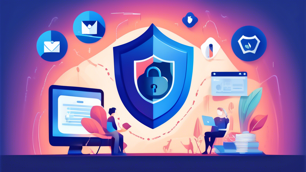 Create an image illustrating the concept of online security with NordVPN. Depict a digital scene where a user is safely browsing the internet, protected by a shield with the NordVPN logo. Show icons of secure website connections, data encryption, and privacy measures like masked IP addresses. Include elements that reflect comprehensive guidance, such as a book or guidebook titled Online Security, to emphasize the informative nature of the concept. Use a modern, clean aesthetic with a balance of technology and security symbolism.