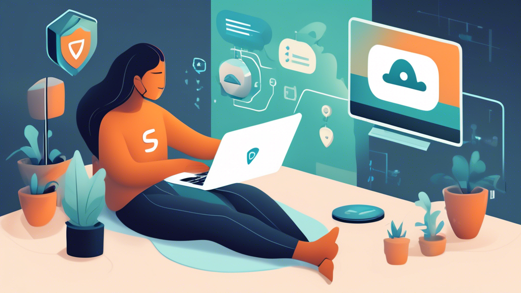 Create an image depicting a person securely browsing the internet in a cozy, modern home setting. The screen shows an active Surfshark VPN interface with a padlock symbol, emphasizing security. Icons representing secure connections like shields and encrypted data streams can float around. Ensure the atmosphere is warm and inviting, portraying a sense of safety and peace of mind.