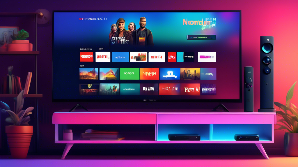 Create a vibrant digital illustration of a home entertainment setup featuring a large TV with a Firestick plugged in, displaying various streaming service logos like Netflix, Hulu, and Amazon Prime. Prominently feature icons of popular VPN services (such as NordVPN, ExpressVPN, and CyberGhost) around the TV, symbolizing enhanced streaming capabilities. In the background, include subtle hints of a secure connection, like a padlock or shield, to emphasize online privacy and security.