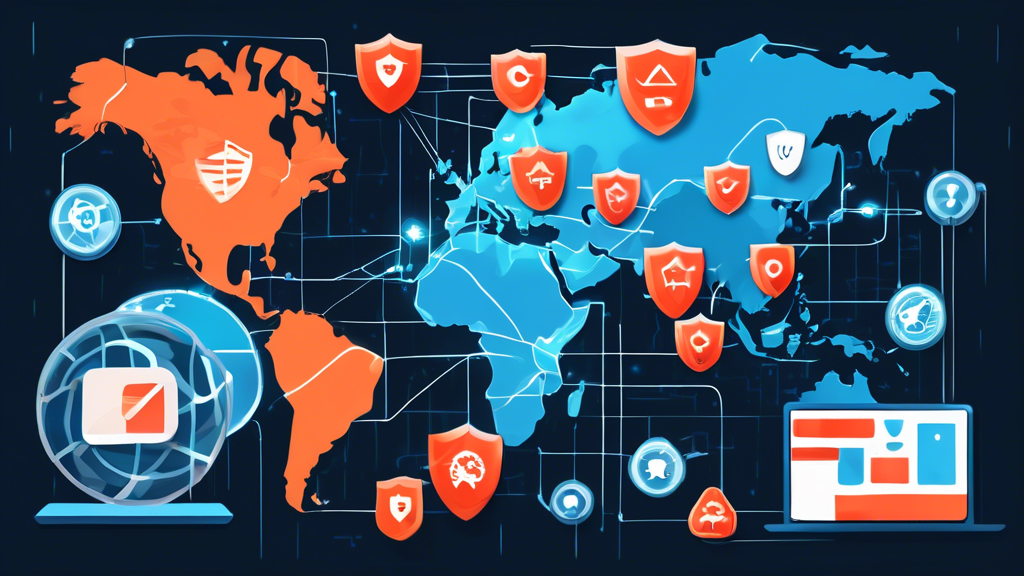 An illustration showing a Chrome browser window with various VPN extension icons prominently displayed, each icon representing a different free VPN service. The background features a map with interconnected lines symbolizing global internet connectivity and security shields to represent encryption and privacy.