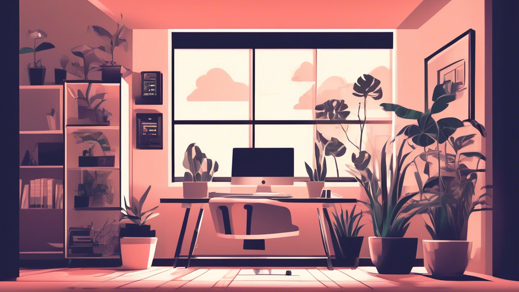 Generate an image of a serene home office with a computer displaying a website about internet privacy. The room features cozy, modern decor and houseplants. In the background, there's a padlock symbol subtly integrated into the design, symbolizing security and private internet access.