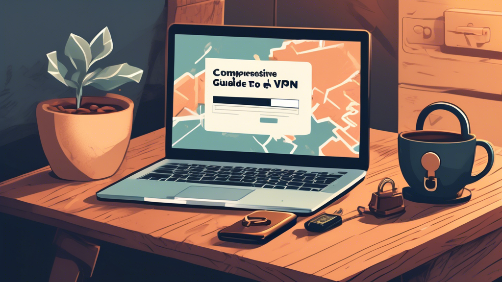 An illustrated guidebook titled 'Comprehensive Guide to VPN Nord' lying on a wooden desk, with an open laptop displaying a secure connection, a coffee cup, and a padlock icon in the background to signify online security.