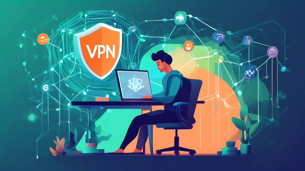 An illustration of a person sitting comfortably at their desk, browsing the internet securely on their computer, with a shield icon representing Pure VPN displayed prominently on the screen. In the background, a digital web of interconnected nodes symbolizing internet security is seen, with vibrant locks indicating protected data. The atmosphere is safe and tranquil, emphasizing secure browsing.