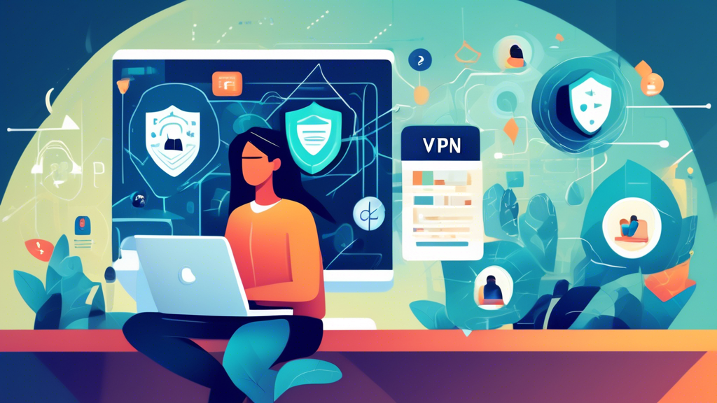 Create a digital illustration that highlights the concept of online privacy through the use of a private VPN. The image should feature a person browsing the internet securely on their laptop, with a VPN shield icon prominently displayed on the screen. Surrounding them, depict abstract representations of encrypted data, security locks, and privacy symbols. The background should include a calm, home office setting to convey a sense of comfort and security.