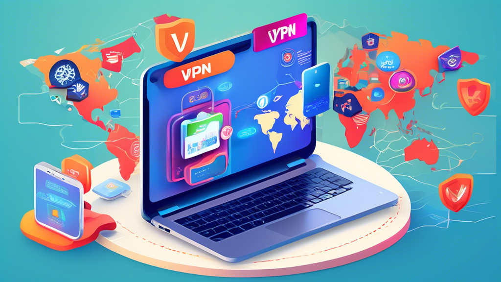 Create an image that features a sleek, modern digital illustration of a laptop and smartphone displaying VPN apps, with their screens showcasing strong security shields and connectivity icons. Surround the devices with colorful price tags and discount badges that read Top Deals 2023. In the background, use a world map to emphasize global coverage and security. Include a banner at the top of the image that says Top VPN Deals You Can't Miss! in bold, eye-catching font.