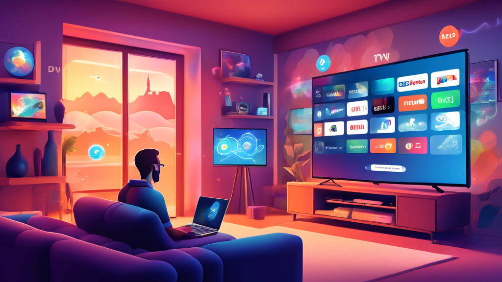 Create an illustration depicting a modern living room with a large smart TV displaying various streaming services logos. In the foreground, a person is relaxing on the couch with a laptop open, showcasing a VPN application interface. Include visual elements that symbolize international access, like globes or maps, and represent seamless connectivity, such as glowing lines or digital clouds.